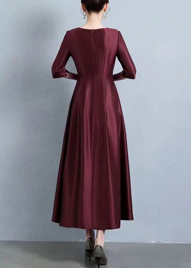 Italian Wine Red Embroidered Pockets Patchwork Silk Dress Half Sleeve Ada Fashion