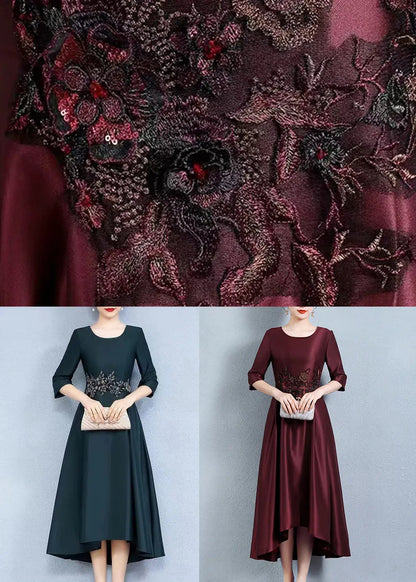 Italian Wine Red Embroidered Pockets Patchwork Silk Dress Half Sleeve Ada Fashion