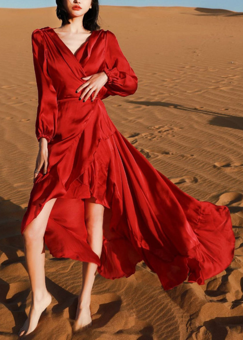 Robe haute italienne d'automne en coton rouge à col en V