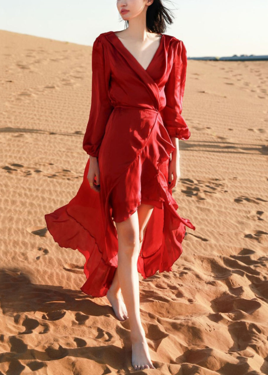 Robe haute italienne d'automne en coton rouge à col en V