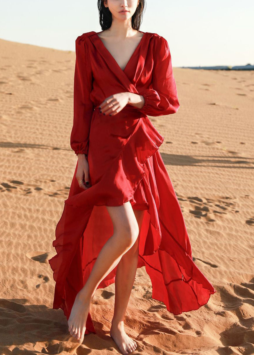 Robe haute italienne d'automne en coton rouge à col en V