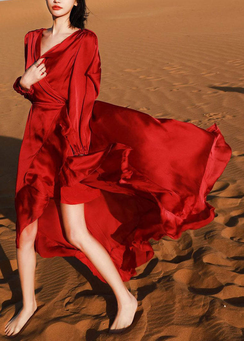 Robe haute italienne d'automne en coton rouge à col en V