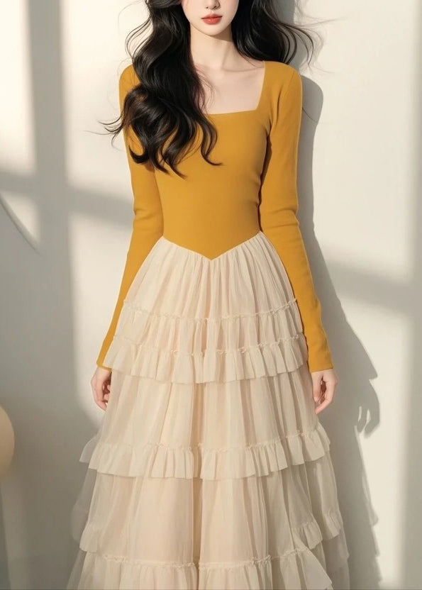 Robe longue italienne de printemps à col en tulle et patchwork jaune à carreaux