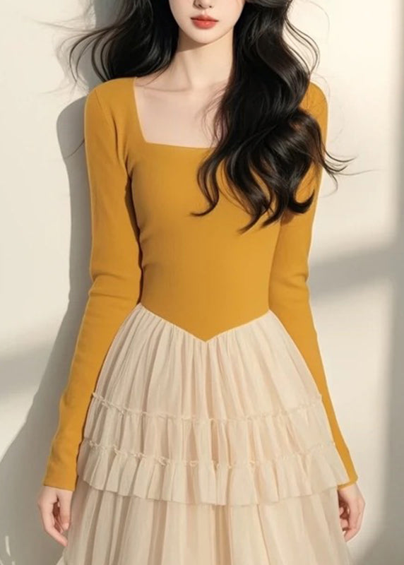 Robe longue italienne de printemps à col en tulle et patchwork jaune à carreaux