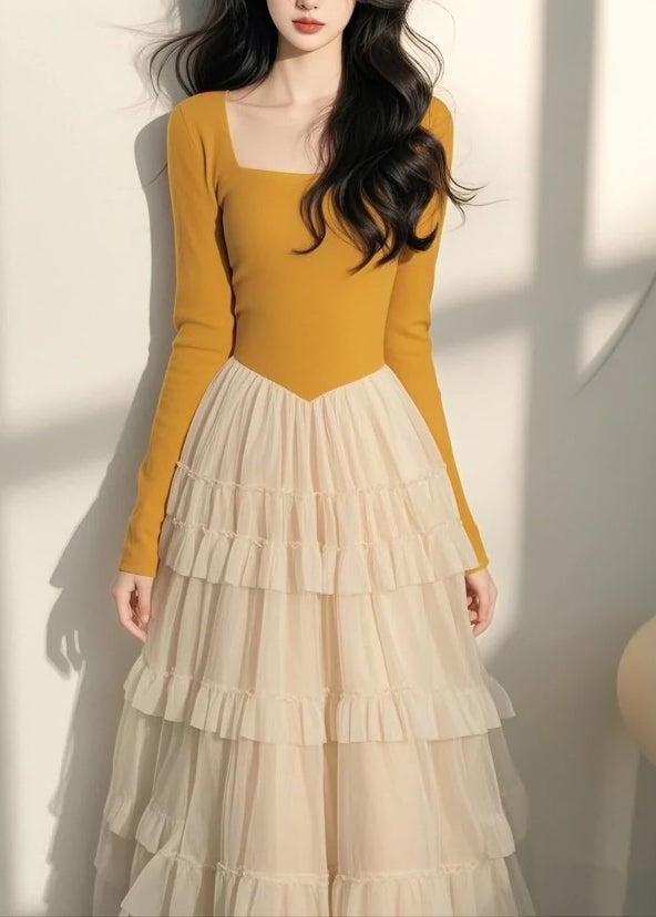 Robe longue italienne de printemps à col en tulle et patchwork jaune à carreaux
