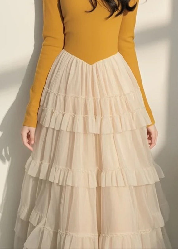 Robe longue italienne de printemps à col en tulle et patchwork jaune à carreaux