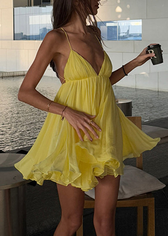 Mid Backless Yellow Strap Neck V Patchwork Spaghetti Italian