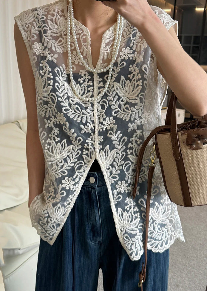 Hauts ajourés en dentelle, col en V, sans manches, abricot, jacquard