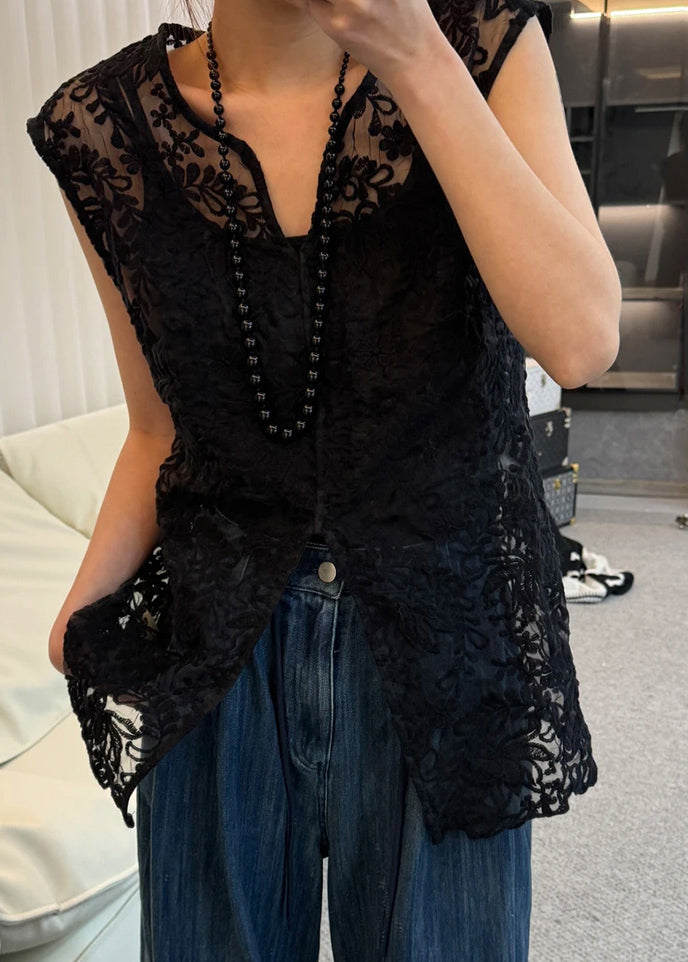 Hauts ajourés en dentelle, col en V, sans manches, abricot, jacquard