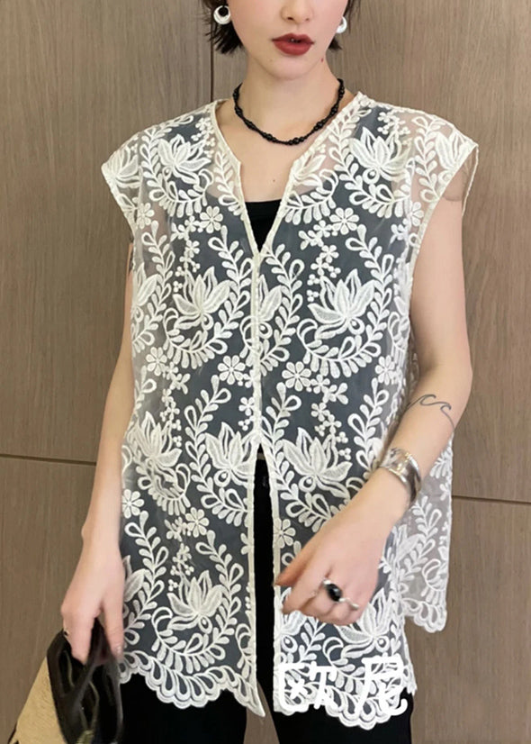 Hauts ajourés en dentelle, col en V, sans manches, abricot, jacquard