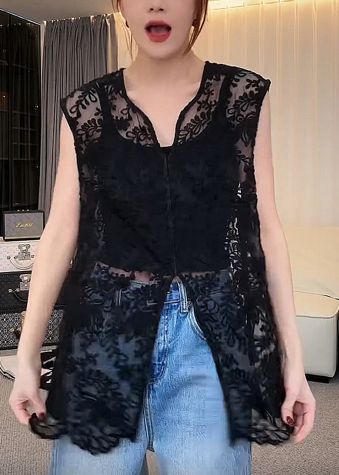Hauts ajourés en dentelle, col en V, sans manches, abricot, jacquard