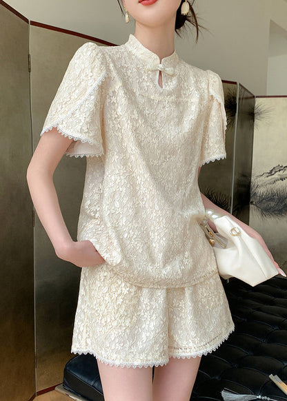 Jacquard Beige Stand Collar Lace Patchwork Chiffon Shirts And Shorts Two Pieces Set Summer WW002