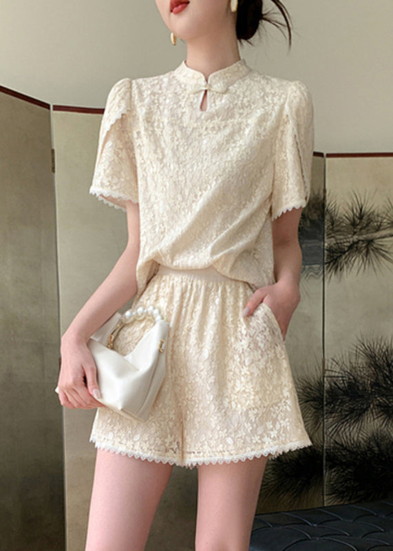 Jacquard Beige Stand Collar Lace Patchwork Chiffon Shirts And Shorts Two Pieces Set Summer WW002