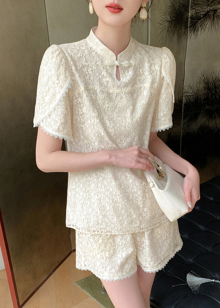 Jacquard Beige Stand Collar Lace Patchwork Chiffon Shirts And Shorts Two Pieces Set Summer WW002