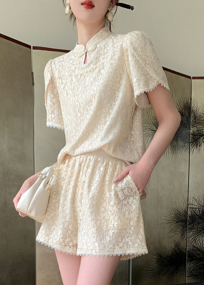 Jacquard Beige Stand Collar Lace Patchwork Chiffon Shirts And Shorts Two Pieces Set Summer WW002