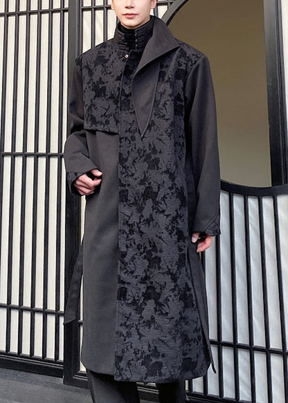 Jacquard Black Asymmetrical Tie Waist Men Trench Coat Winter RO024