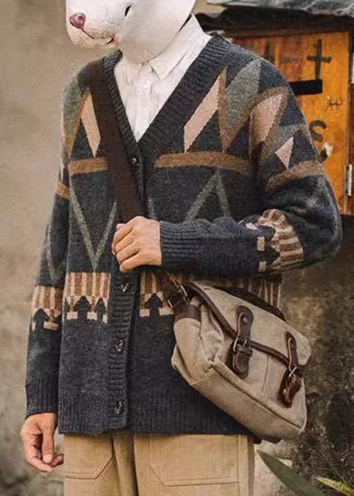 Spring Dark Gray Neck V Knit Jacquard Coat Men Button