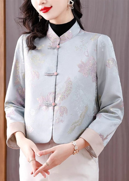 Jacquard Light Blue Stand Collar Button Cotton Coats Fall QO005