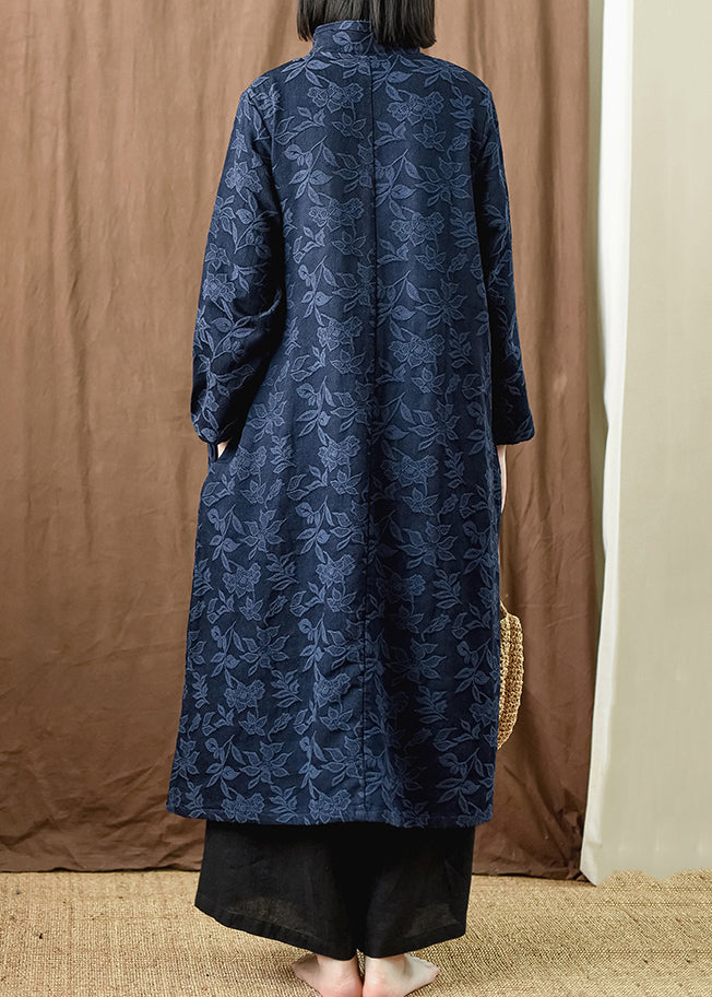 Robe en coton jacquard bleu marine avec poches boutonnées et manches longues MN035