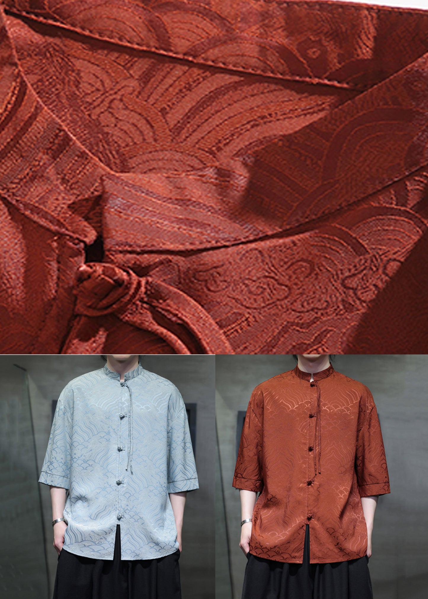 Jacquard Orange Stand Collar Chinese Button Ice Silk Men Shirts Summer YT068