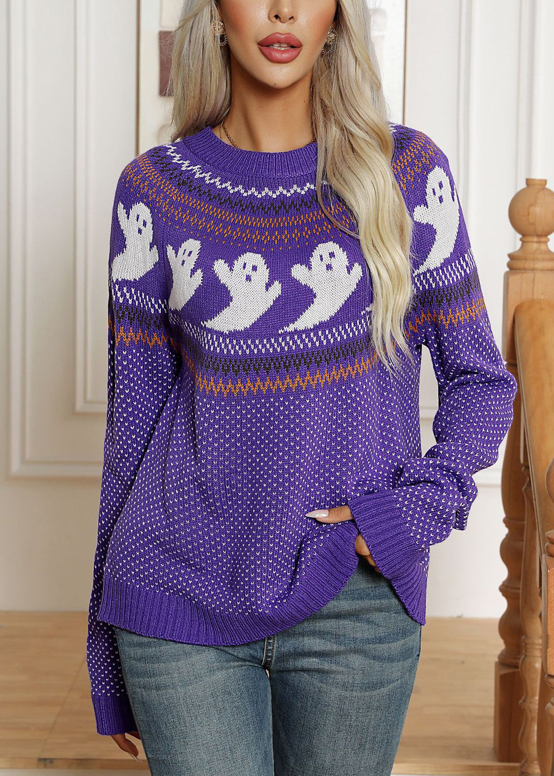 Pull en maille patchwork à pois violets Jacquard Automne AE1019