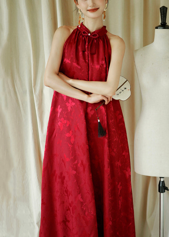 Cotton Red Jacquard Sleeveless Bow Loose Maxi Dresses