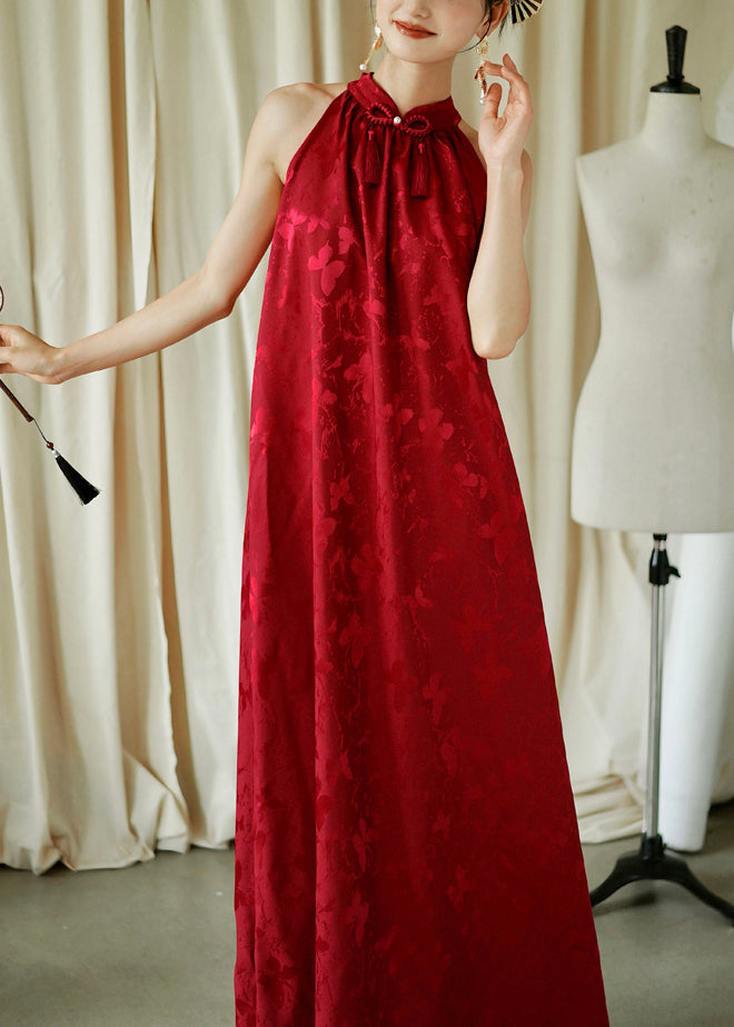 Cotton Red Jacquard Sleeveless Bow Loose Maxi Dresses