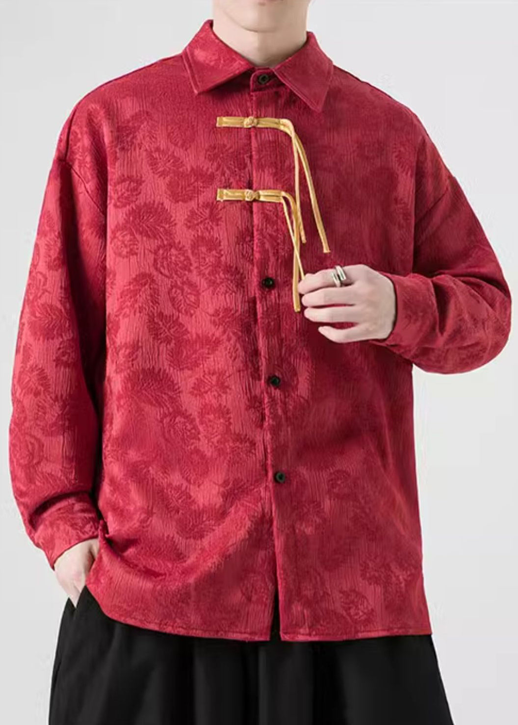 Jacquard Red Peter Pan Collar Button Warm Fleece Shirt Men Winter WJ027