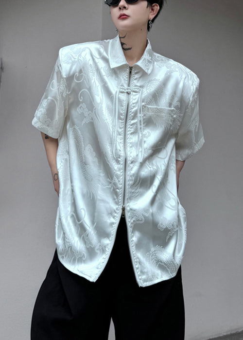 Jacquard White Peter Pan Collar Button Silk Men Shirts Summer YT061