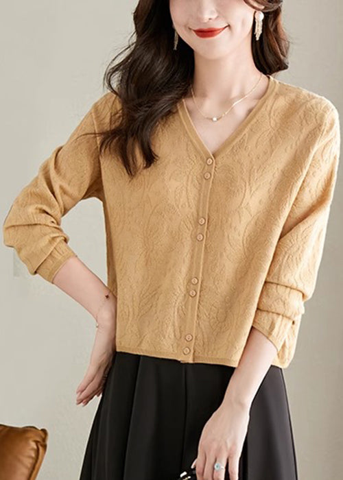 Jacquard Yellow V Neck Button Solid Knit Cardigan Fall QS006