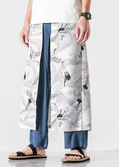 Japanese Casual Peacock Blue Oriental Print Cotton Men Pants Summer SA049