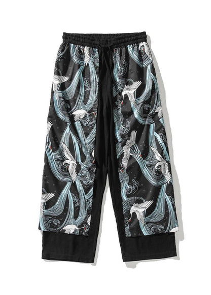 Japanese Casual Peacock Blue Oriental Print Cotton Men Pants Summer SA049