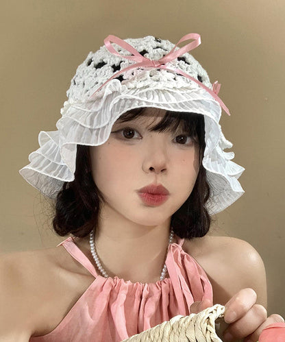 Japanese Style Knitted Hollow Out Bow Ruffled Bucket Hat WI026