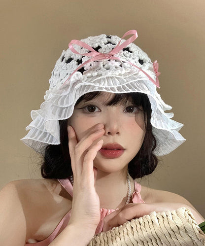 Japanese Style Knitted Hollow Out Bow Ruffled Bucket Hat WI026