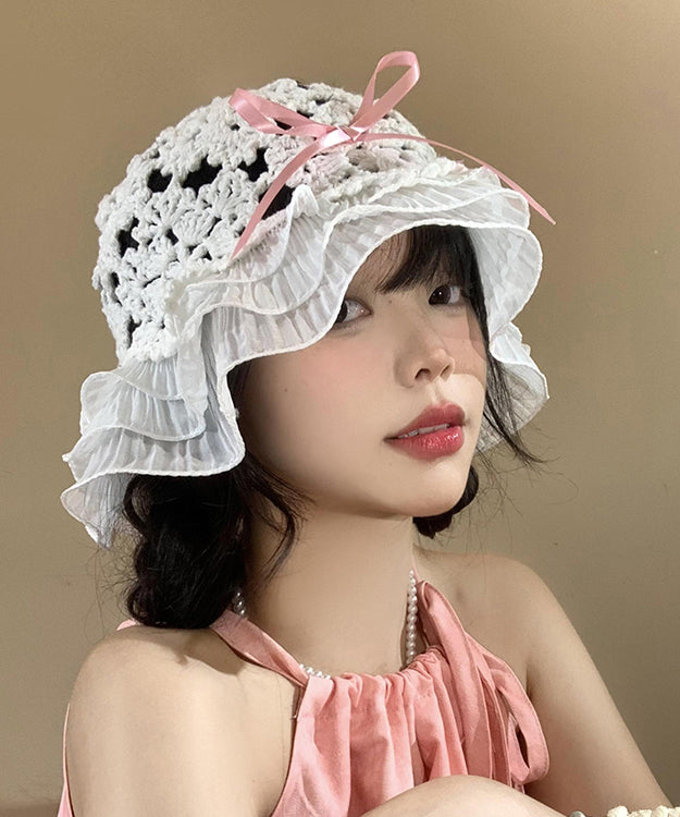 Japanese Style Knitted Hollow Out Bow Ruffled Bucket Hat WI026