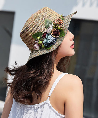 Japanese Vacation Style Flower Flat Top Straw Woven Hat YU1011