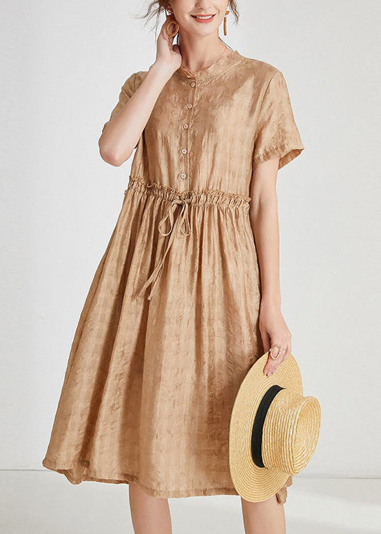 Khaki Button Lace Up Silk Dresses O Neck Short Sleeve Ada Fashion