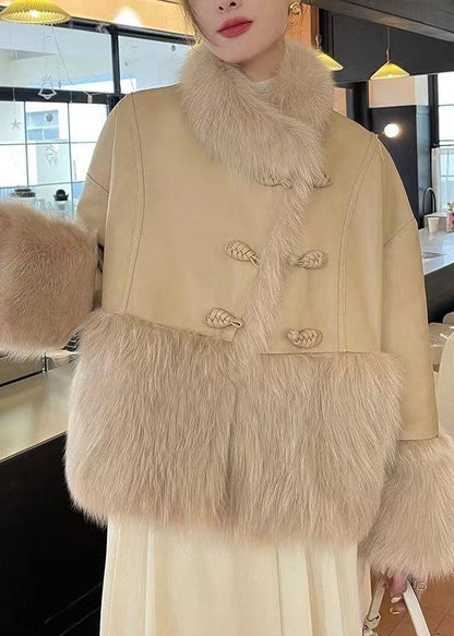 Khaki Button Patchwork Duck Down Down Coats Fur Collar Winter RC007