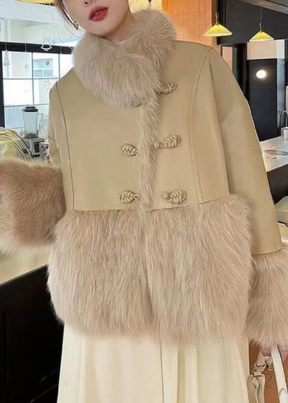 Khaki Button Patchwork Duck Down Down Coats Fur Collar Winter RC007