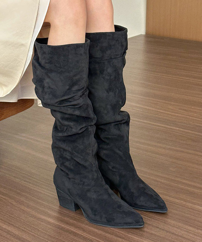 Khaki Chunky Suede Chic Splicing Boots Pointed Toe TP003