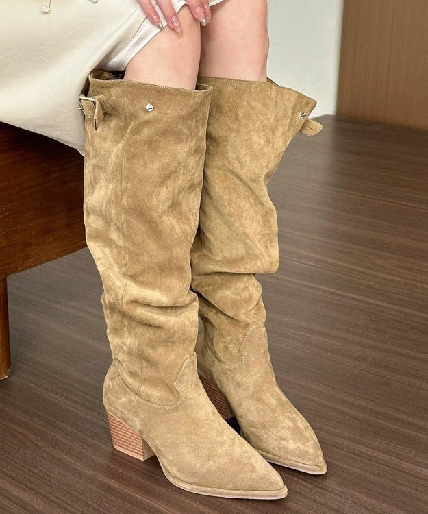 Khaki Chunky Suede Chic Splicing Boots Pointed Toe TP003