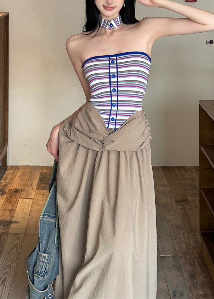 Cold Dresses Khaki Sleeveless Shoulder Maxi Wrinkled