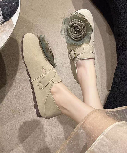 Khaki Floral Faux Leather Soft Splicing Flat Shoes For Women DD1065