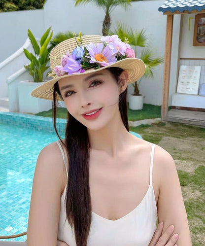 Khaki Flower Summer Beach Straw Woven Cloche Hat YU1010