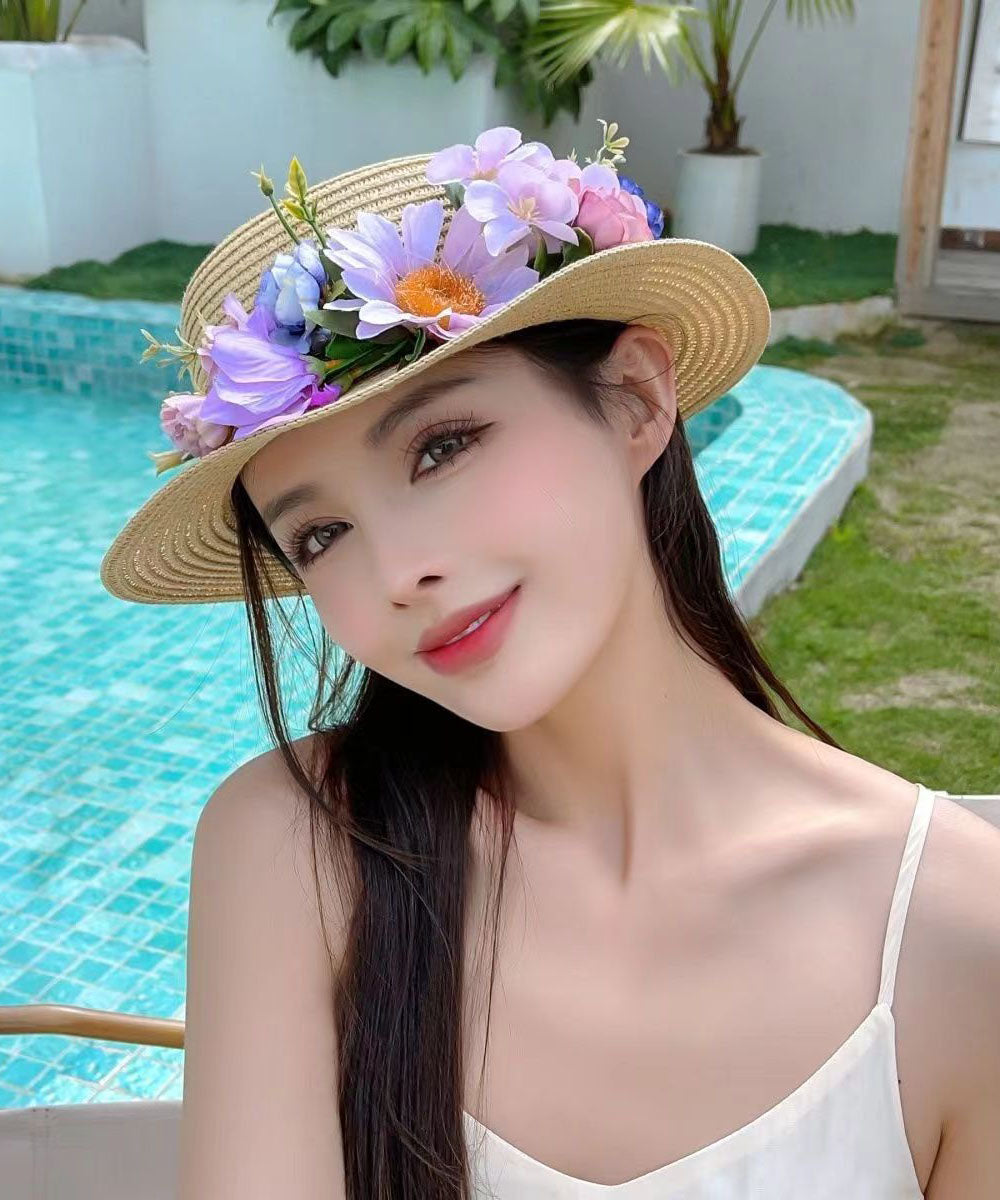 Khaki Flower Summer Beach Straw Woven Cloche Hat YU1010