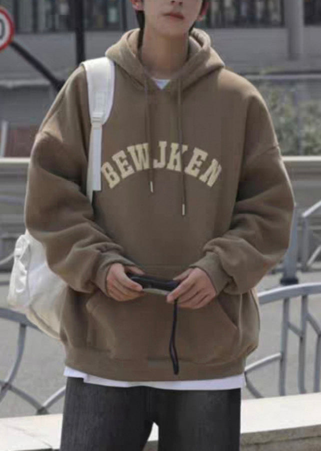Khaki Letter Pockets Cotton Men Sweatshirts Hooded Spring YQ032