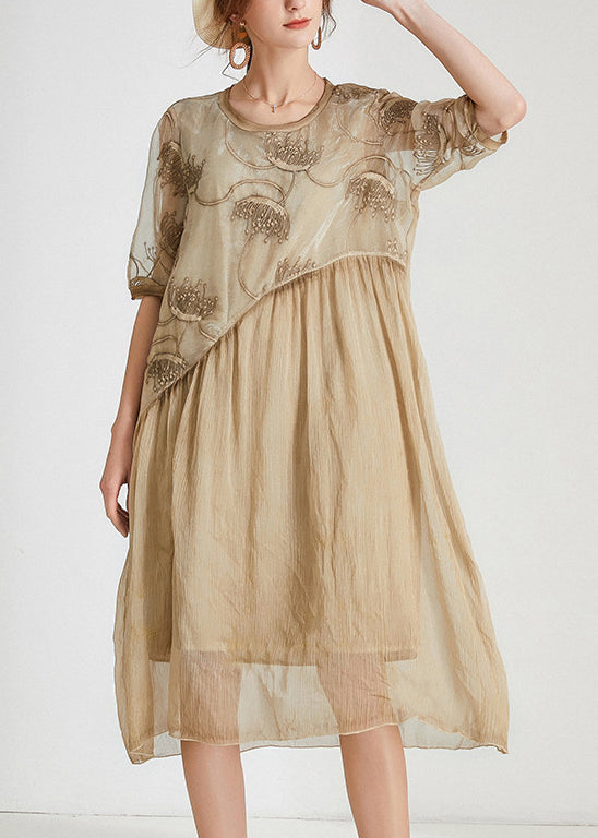 Khaki Patchwork Chiffon Long Dresses O Neck Short Sleeve Ada Fashion