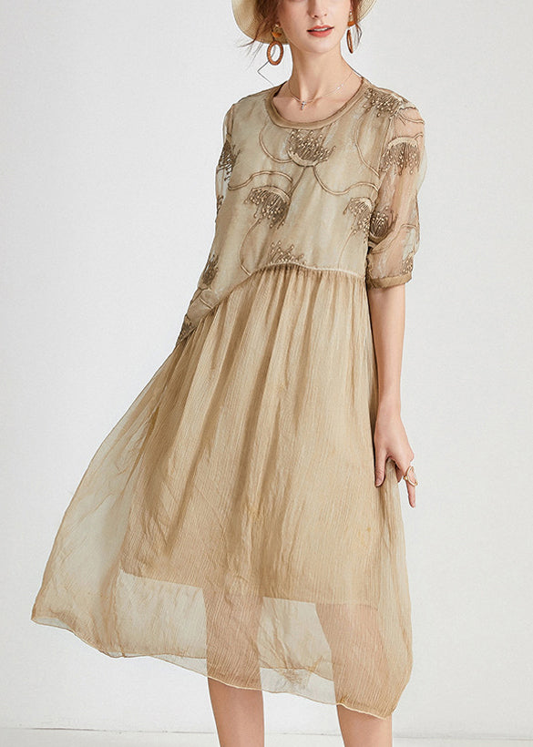 Khaki Patchwork Chiffon Long Dresses O Neck Short Sleeve Ada Fashion