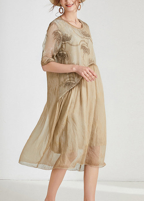 Khaki Patchwork Chiffon Long Dresses O Neck Short Sleeve Ada Fashion