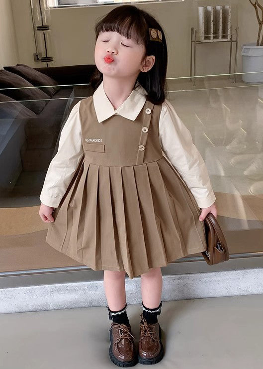 Khaki Patchwork Cotton Girls Dresses Peter Pan Collar Long Sleeve XZ021